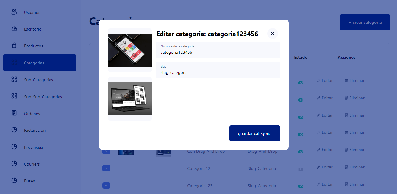 Flujo de edición de categoría en modal para formato intermedio