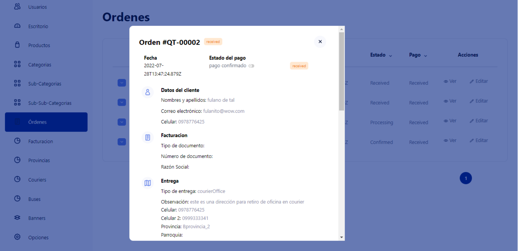 Detalle de orden con datos de cliente, facturación y entrega