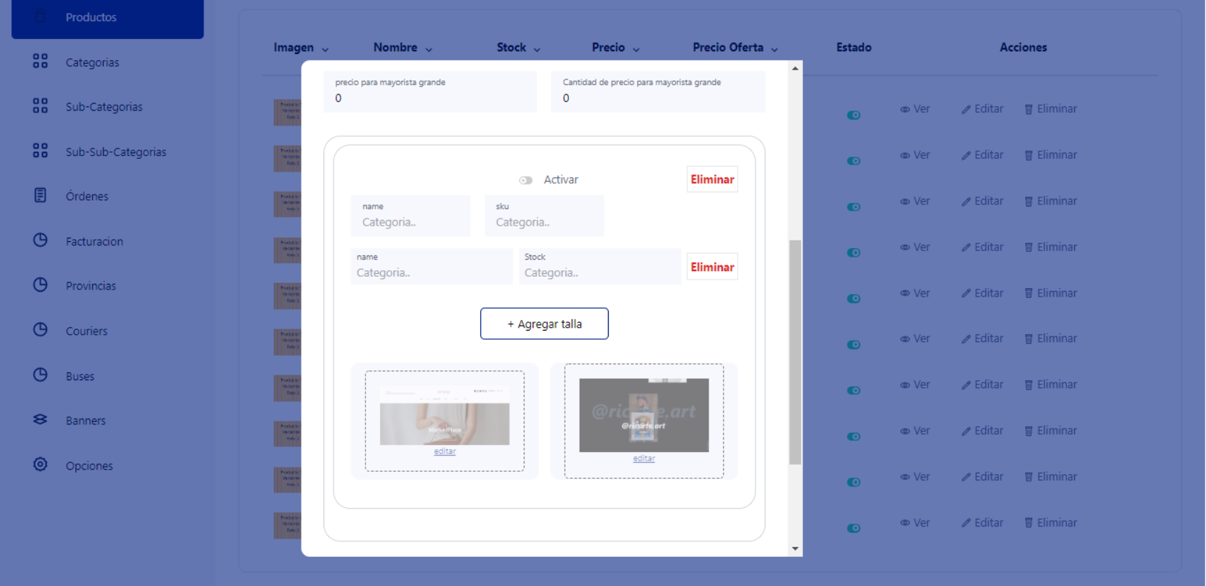 Edición avanzada de variantes y control de stock