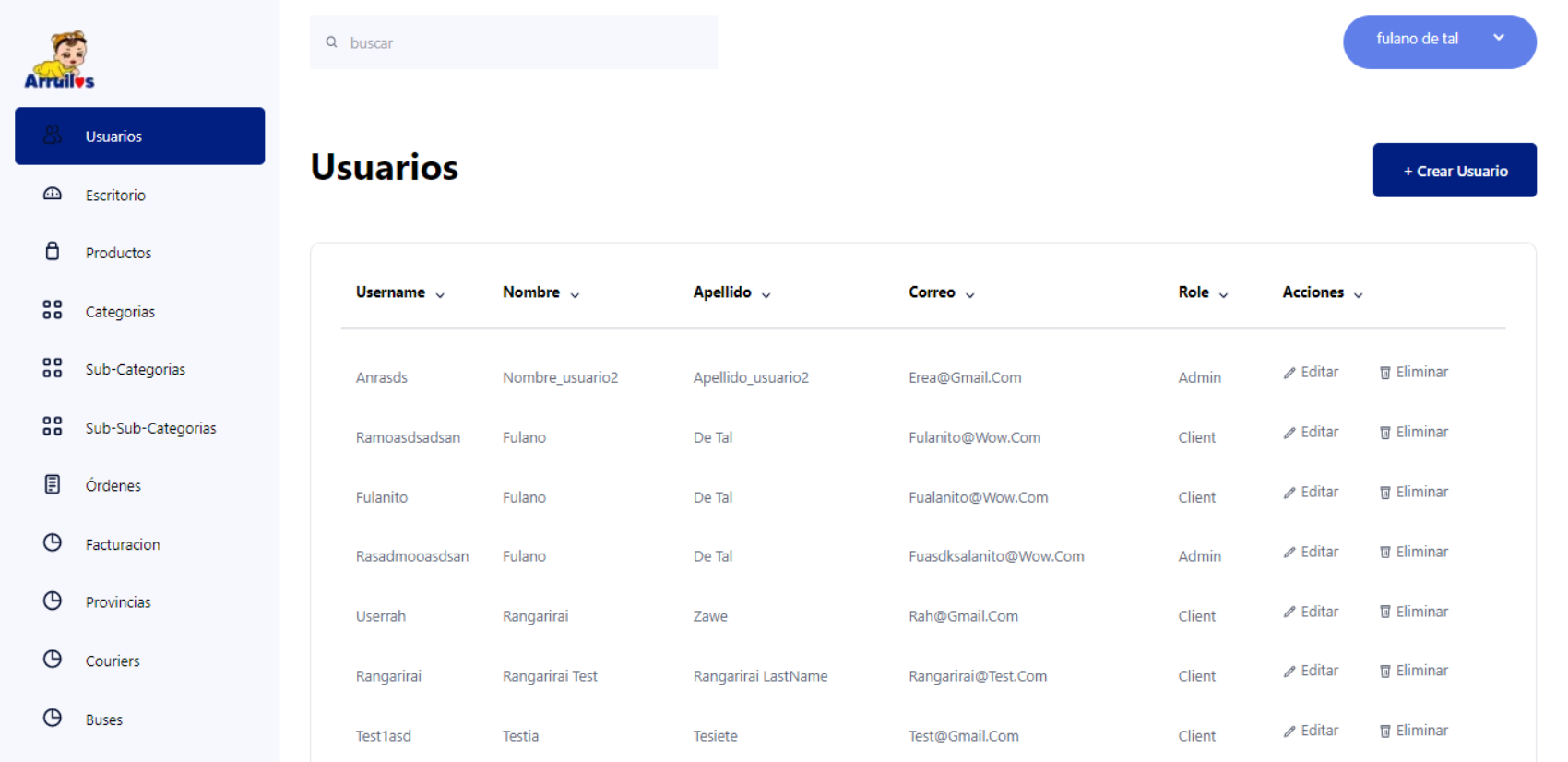 Módulo de usuarios con acciones de administración